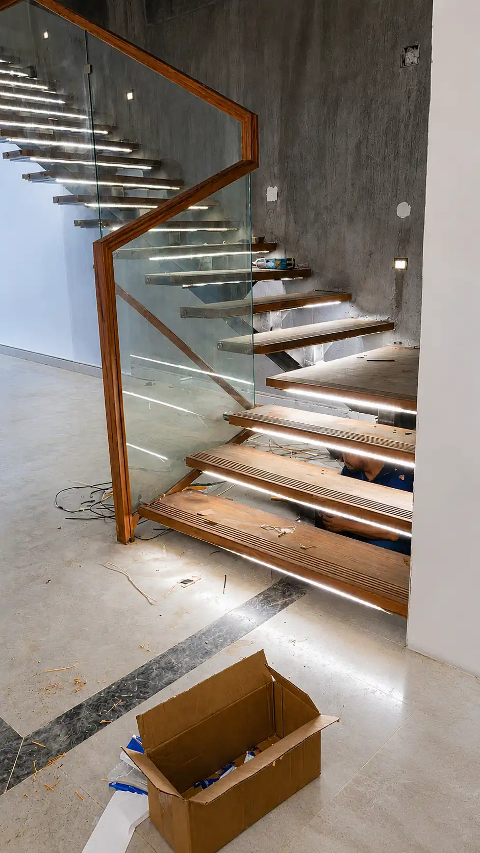 Completed floating wooden staircase with glowing under-step LED lighting in Hoima