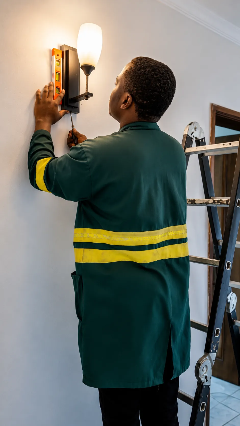 Electrician using spirit level to align a wall sconce in Hoima