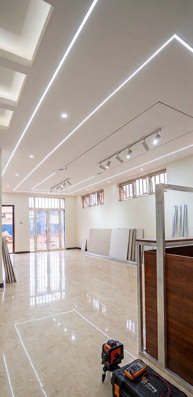 Premium recessed aluminum profile lighting installed in a modern residential ceiling in Kampala, Uganda by Dynawatt Engineering Services