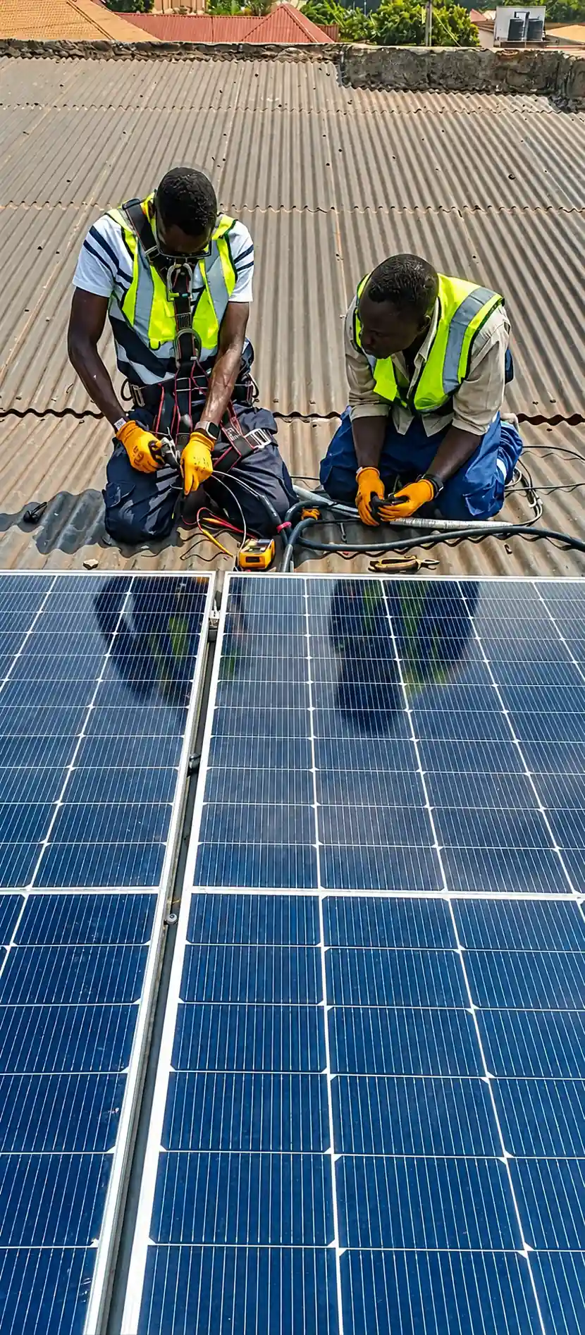 Technicians wiring solar panels on roof in Nakweero