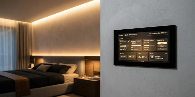 Finished smart home installation featuring elegant glass-face touch control panel on the wall by Dynawatt Engineering Services in Kampala, Uganda