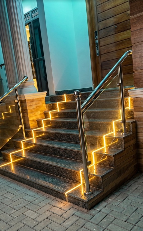 Modern staircase profile lighting integrated into wooden steps with custom ambient linear lighting by Dynawatt Engineering in Kampala, Uganda