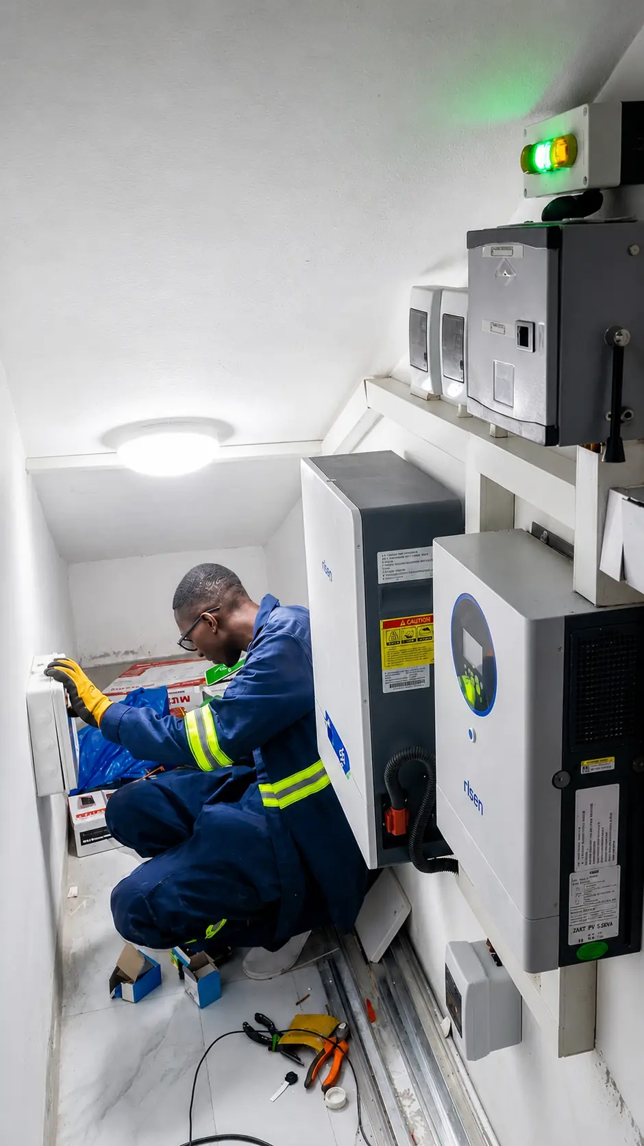 Hybrid inverter and control panel closet installation in Wakiso