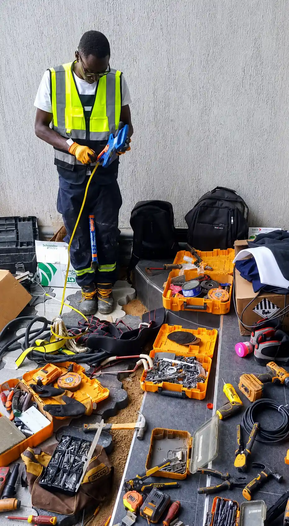 Technician preparing cabling with professional toolsets in Wakiso